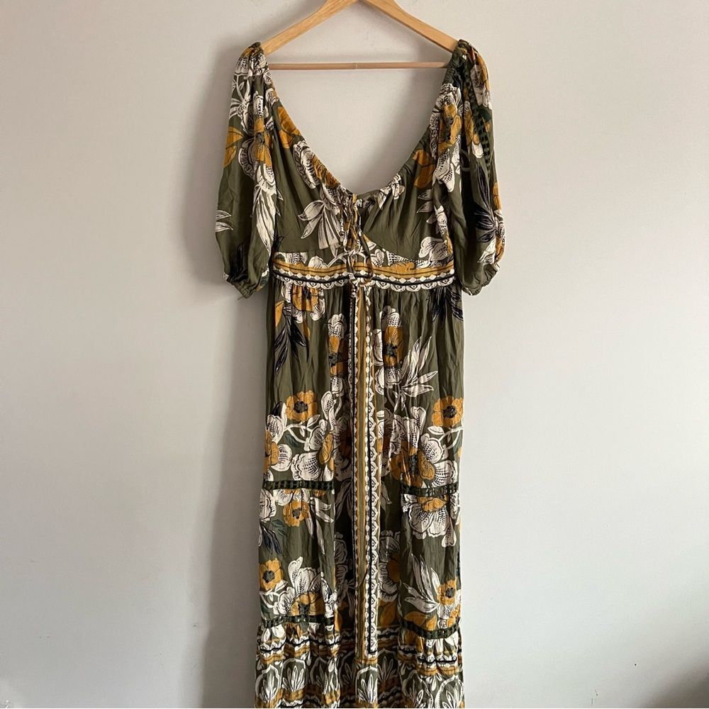 Angie Boho Floral Maxi Dress Olive Green Puff Sleeve Cottagecore Size Large - Picture 2 of 11